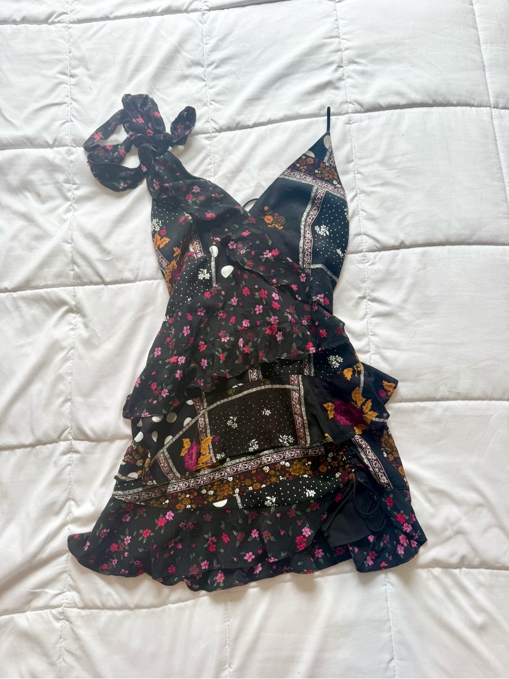 For Love & Lemons Black Floral Patchwork Slip Mini Dress